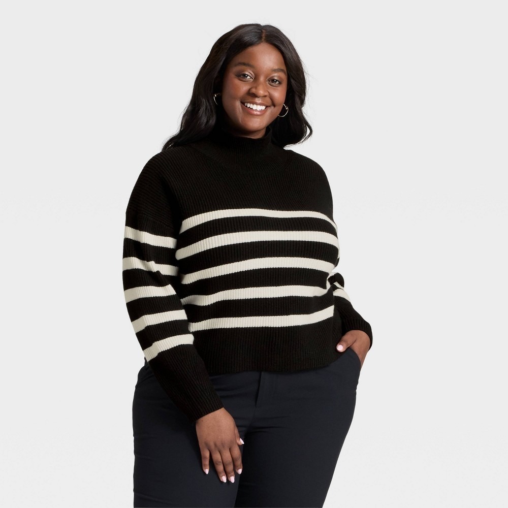 A New Day Womens Striped Mock Turtleneck Pullover Sweater Black Cream 2X
